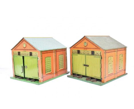Pair of unboxed No 1A Hornby 0 Gauge Engine Sheds,  F-VG, one with minor scratches and minor creasing to doors, other with no