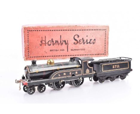 A Hornby 0 Gauge LNER black No 2 Locomotive and Tender no 2711, plated couplings, in original box, circa 1925, G, now fitted 