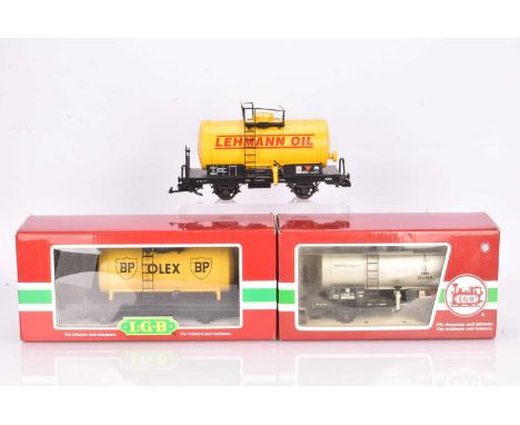 LGB G Gauge Tank Wagons (3) 45120 BP Olex Yellow tank wagon with brakemans platform, VG in original box, VG, 41406 Siver Leun