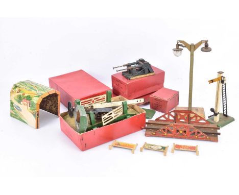 Hornby 0 Gauge Stations Signal Boxes Level Crossing and other Accessories, pre-war No 3 with opening doors and repainted plat