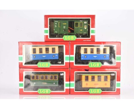 LGB G Gauge 2 Axle Coaches LGB Coaches, 3006 Dodge City &amp; Great Western Railroad, G, 3015 Blue and Cream coaches, 1 good,