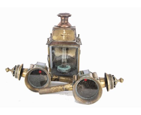 Pair of Brass Carriage Lamps Reputedly From a Horsedrawn Fire Engine and another Brass and Copper Lantern, a pair of vented l