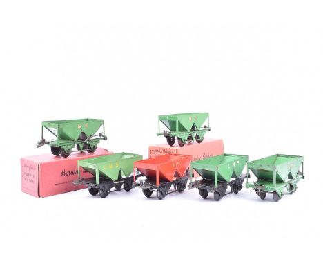 Hornby 0 Gauge  SR and other Hopper wagons, NE green (2, one boxed), LMS green (2, one with white lettering, other yellow, on