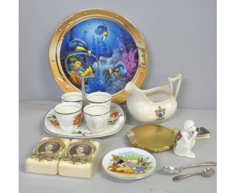 Two silver Jubilee soaps, Midwinter stylecraft china, collectors plate, spoons, a compact, crested vase, etc. 