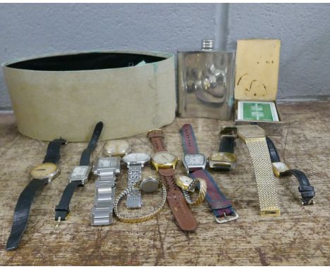 A collection of wristwatches, hip flask, card case and a boxed Wahid &amp; Co. hat 