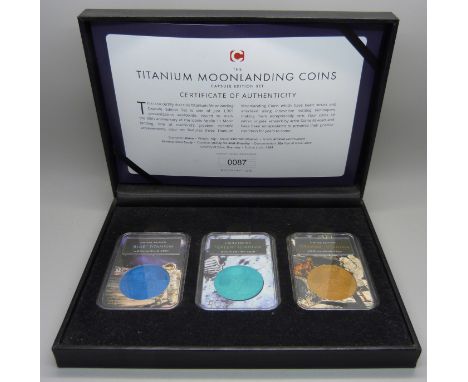 Limited Edition Titanium Moon Landing Coins, boxed with certificate 