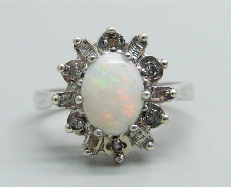 A 9ct white gold, opal and diamond cluster ring, 3.9g, O 