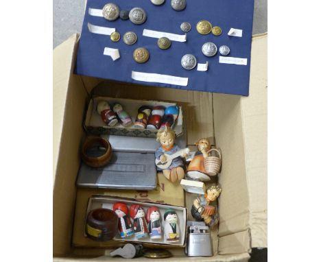 Three Goebel figures, two cigarette cases, nine pottery Chinese figures, a collection of Service buttons, etc. 