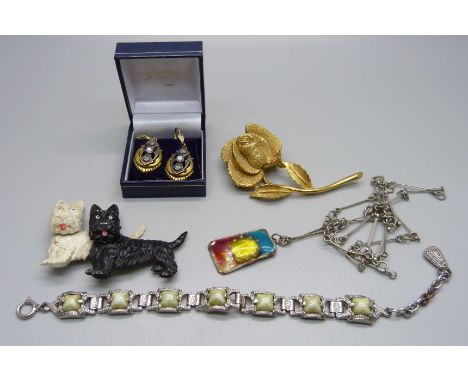 A celluloid dog brooch, vintage earrings, an Exquisite brooch, 1960s enamel necklace and Miracle bracelet 