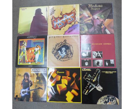 A collection of LP records including Jon Lord - Sarabande, Spirit Live - bootleg, Medura - Trapeze, Hagar Schon Aaronson Shri