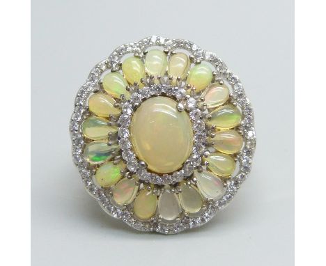 A large silver gilt, Ethiopian opal and zircon cocktail ring, top 24 x 26mm, size V 