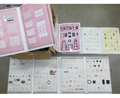 A large collection of Button Sales sample cards in folders, also albums of Lace Sales samples, Nylon Raschel Lace and Chemica