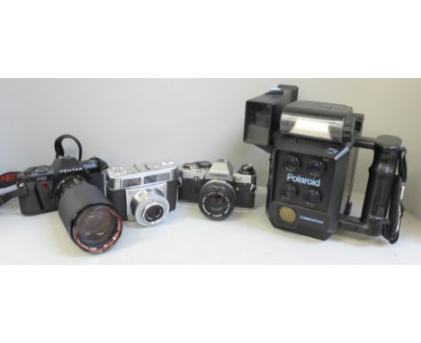Cameras; Olympus OM10, Contessa LK, Pentax P30 and a Polaroid mini portrait 