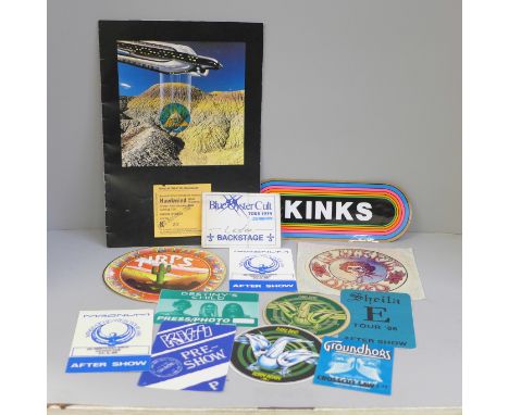 Pop music badges, back stage passes, etc. including Hawkwind programme and ticket with signature, passes include Grateful Dea