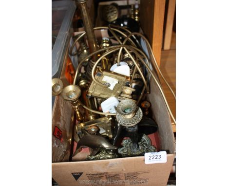 A quantity of brass including table lamp, candlesticks, dolphin, etc.