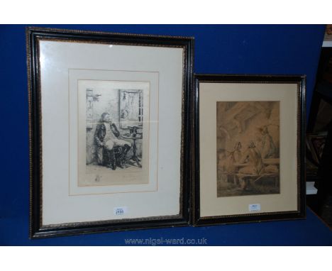 A G. Moreland Print of four young figures sat on a bench along with an Etching of a gentleman sat on a chair smoking a pipe, 