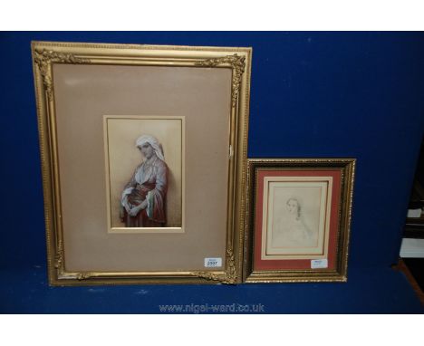 Two Portraits of young ladies, one being a pencil sketch, the other a painting of an Eastern Lady, indistinctly signed