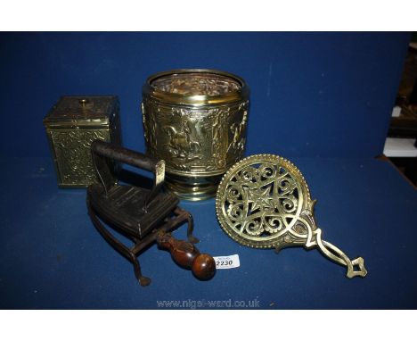 A quantity of Brass including jardiniere, tea caddy, trivet, etc, 