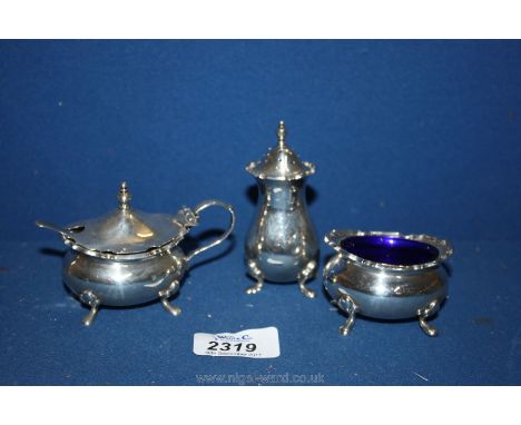 A three piece Silver Cruet, Chester 1918, Makers George Edward & Sons (David & George Edward), spoon Sheffield 1923/4 Makers 