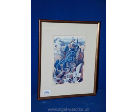 A 1950's style Print of a Tractor pulling Plough followed by seagulls, 30 cms x 39 cms
