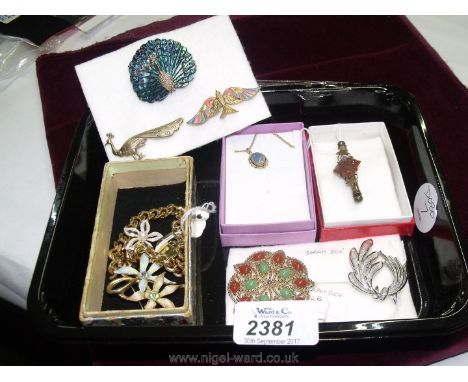 A box of mixed Costume Jewelry including three bird brooches, two Sarah Gov. brooches, a Victorian Etui brooch, an oval penda