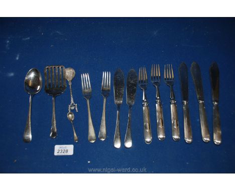 Five Fish knives and forks, three spoons and a serving fork