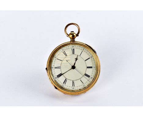 A Victorian 18ct gold chronograph open faced pocket watch, enamel dial with Roman numerals, possibly stopwatch facility as bu