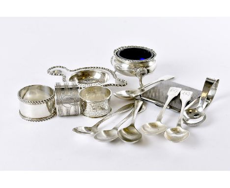 A collection of silver and silver plated items, including an Art Deco period silver compact, a Victorian silver cauldron salt