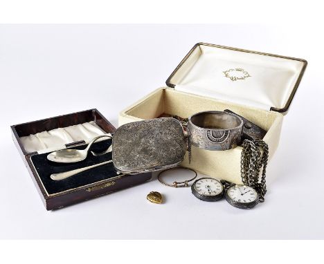 A collection of silver and other items, including a silver cigarette case, an aesthetic silver bangle, two ladies pocket watc