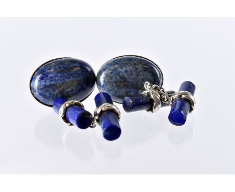 Two modern pairs of lapis lazuli cufflinks, one with cylinders of blue hardstone with silver mounts and chains, the others ov