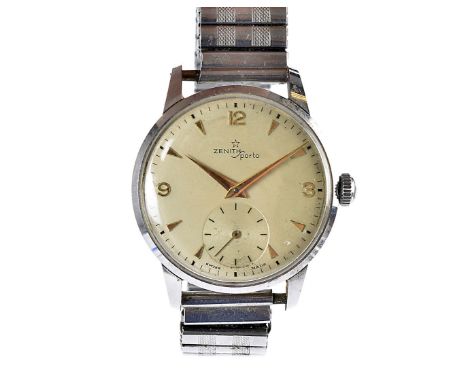 A vintage Zenith Porto stainless steel gentleman's wristwatch, part numbered and baton dial with subsidiary, appears to run, 