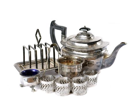 A collection of Georgian and later silver and silver plated items, including a pair of George IV silver tongs, a George V per