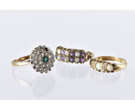 Three gold and gem set rings, all AF, one 9ct gold cluster, another 9ct with opals and amethysts, 5.9g, and an 18ct gold opal