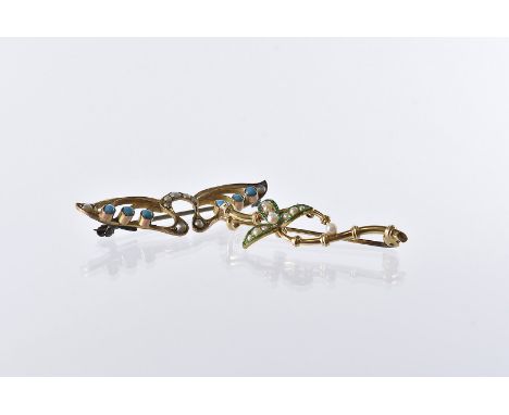 Two Victorian and later gold brooches, one with green enamel and seed pearl leaf, the other set with turquoise beads and seed