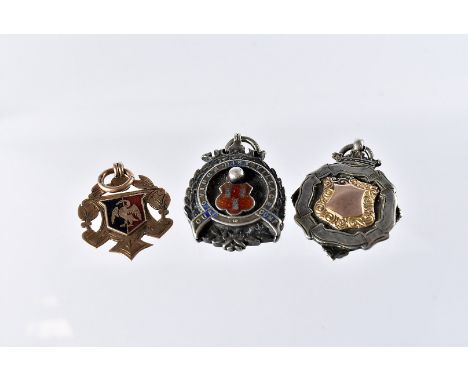 A George V 9ct gold and enamel OVFC medal by Sattorini, 3.5g, together with two silver medals (3) 
