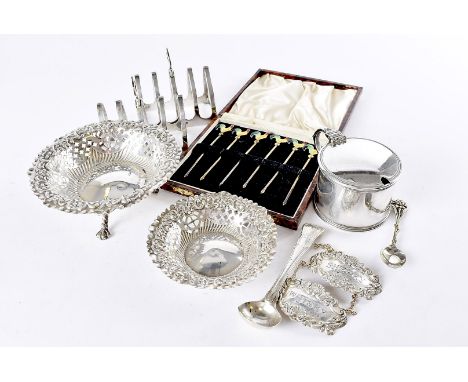 A collection of Victorian and later silver, including two cased sets of six cocktail sticks with enamel cockerel finials, a p