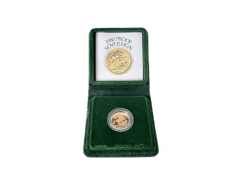 An Elizabeth II full proof sovereign, dated 1980, Unc, in green Royal Mint case and with leaflet (3) 