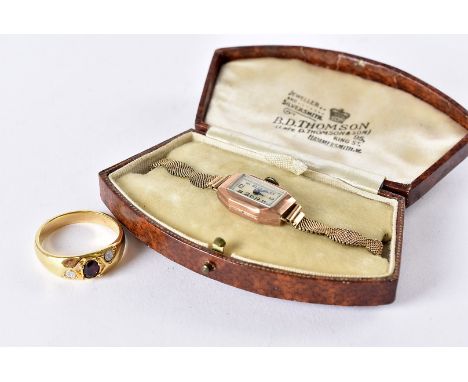 An Art Deco period 9ct gold cased ladies wristwatch, on gold plated bracelet, in box, together with a gold plated ring, two p