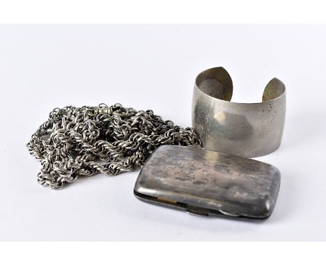 A vintage silver belcher link necklace, together with a Victorian silver watch chain, a long white metal chain necklace, a me