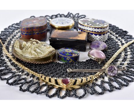 A small group of jewellery and other items, including an amethyst brooch, a resin cameo brooch, a bead collar, four enamel bo