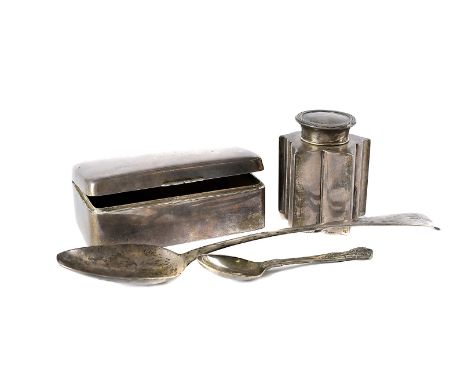 An Edwardian silver tea caddy, together with a George III silver basting spoon, a George V silver cigarette box and a plated 