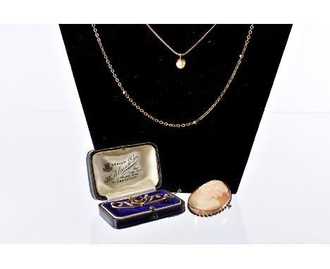 Four items of 9ct gold jewellery, including a single pearl pendant on box link chain, a chain necklace and an amethyst and se