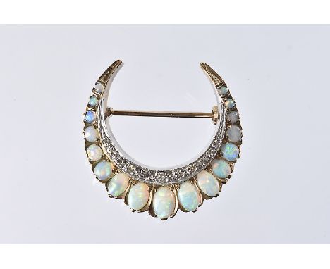 A modern 9ct opal and diamond brooch, crescent shaped with graduated opals, two chipped, and a row of small eight cuts, 5.8gL