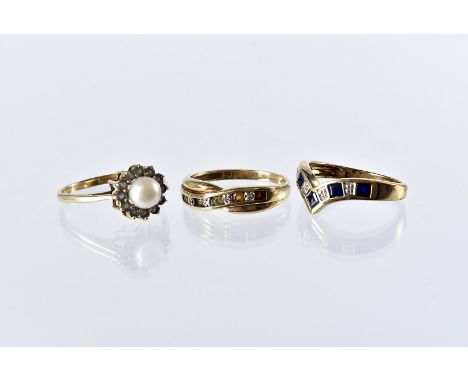 Three modern 9ct gold and gem set rings, including a wishbone shaped sapphire and diamond example, a pearl and clear stone cl