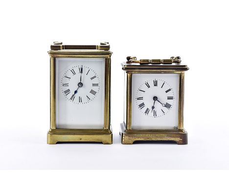 Two vintage brass carriage timepieces, of typical form, the larger marked R & Co (2) 