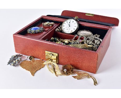 A collection of silver and costume jewellery, including a flattened link chain bracelet, a log and axe brooch, a silver open 