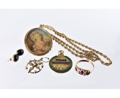 Six items of gold and yellow metal jewellery, including a 9ct gold and enamel bowls medal, 6.5g, a 9ct gold and seed pearl pe