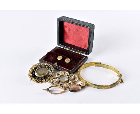 A collection of 19th century and later gold and yellow metal jewellery, including two 9ct gold dress studs, in box, two brooc