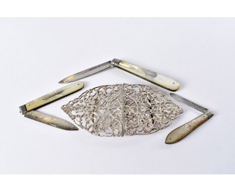 A group of three Victorian and later silver and mother of pearl pocket fruit knives, together with an ornate pierced silver n