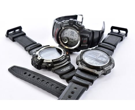 Three Casio digital watches, including a 3198, a G Shock 2548 and a 3202, two with damaged straps 